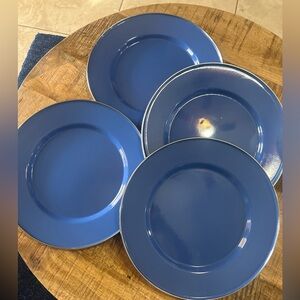 Crate & Barrel Blue Enamelware Silver Metal Trim10.5" Dinner Plates Set of 4